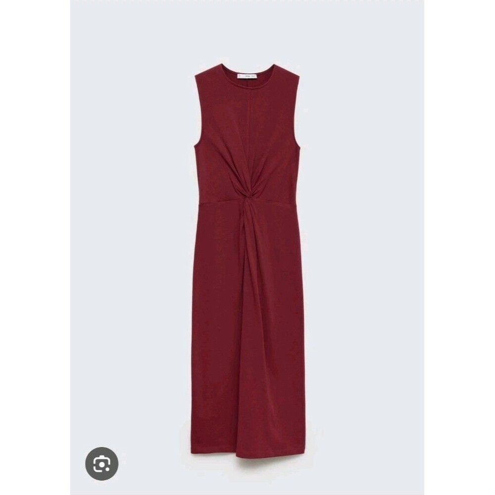 MNG Size 8 Maroon Center Drape Twist Front 100% Cotton Midi Dress - Picture 2 of 11